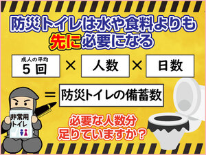 非常用防災トイレは何回分の備蓄が必要？トイレは水や非常食よりも先に必要になる！～トイレは我慢できません。簡易トイレの備蓄は人数分足りていますか？の巻～